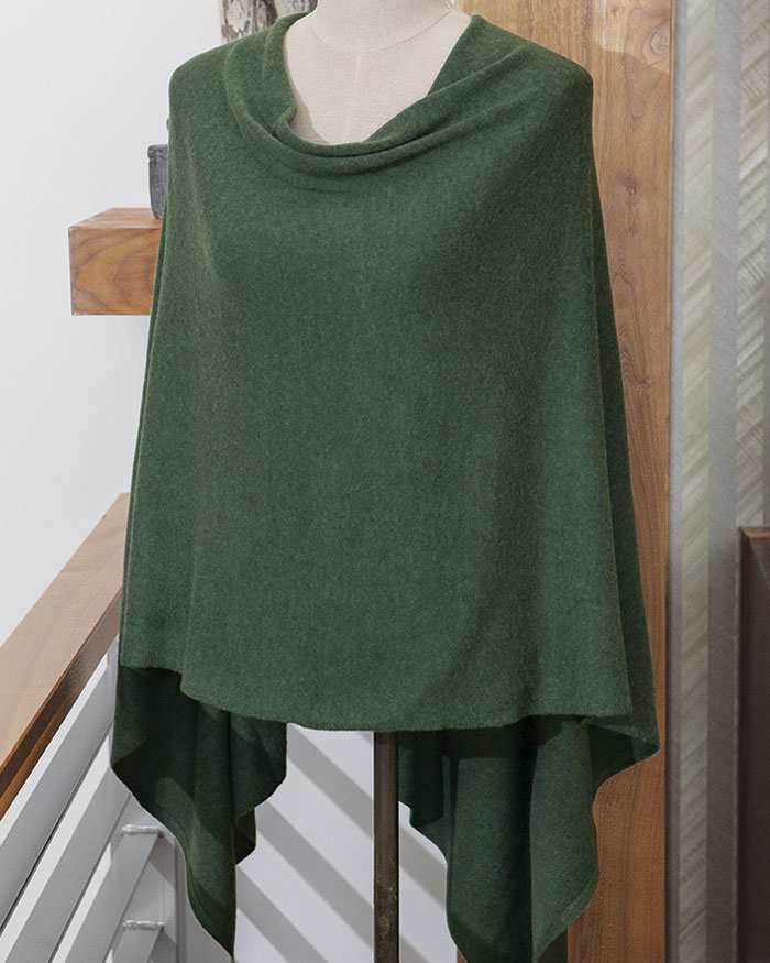 Handmade Womens Poncho Green Cashmere Wool with Hood pockets 