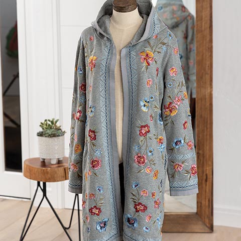 Embroidered Floral Hooded Cardigan, Wraps & Ponchos: Olive & Cocoa
