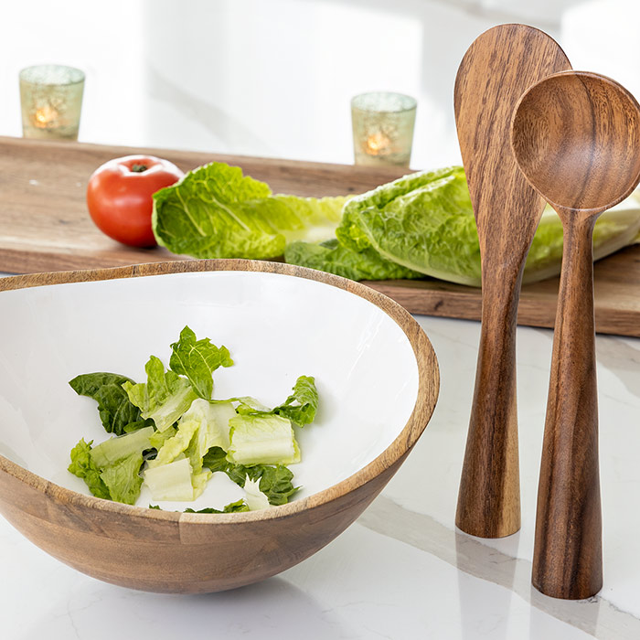 WOOD + WHITE COLLECTION SALAD BOWL & SERVERS SET – River Birch Gifts